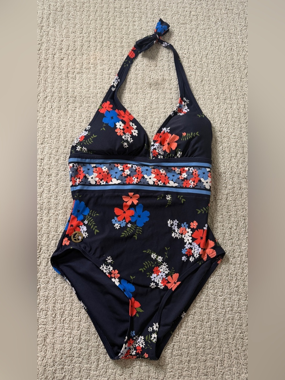 MICHAEL Michael Kors Navy Floral Halter One-Piece with Red and Blue Accents Sz 8